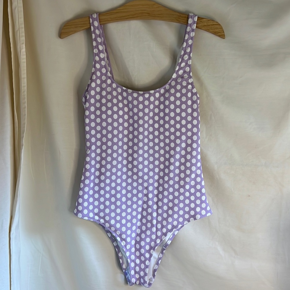 Aerie Purple with white polka dot swimsuit size medium